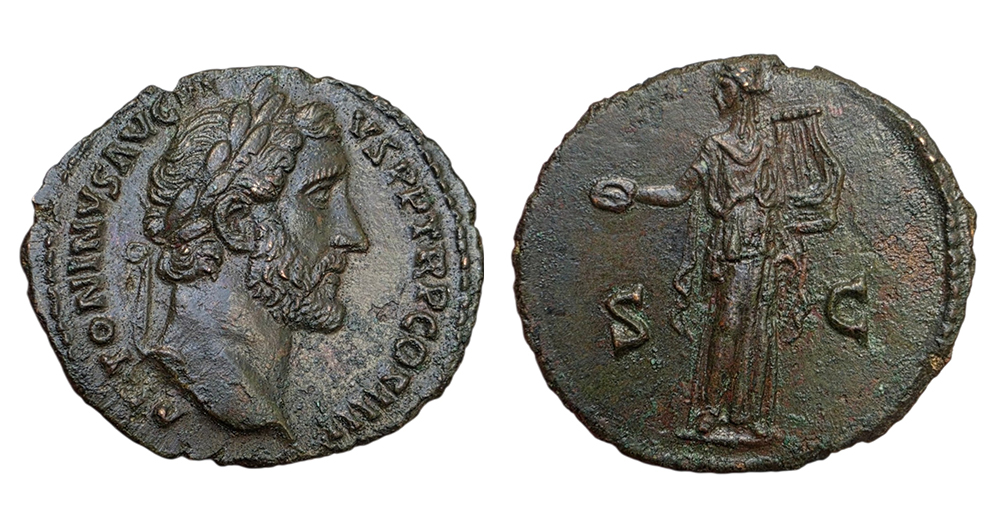 As d'Antonin le Pieux représentant l'empereur et le dieu Apollon tenant une patère et une lyre.