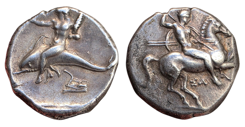 Nomos de Tarente en Calabre représentant un cavalier guerrier et le héros Phalantos chevauchant un dauphin.