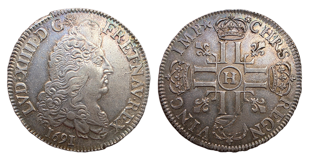 Demi écu au huit L de Louis XIV frappé à La Rochelle en 1691 avec portrait royal et croix aux huit L.
