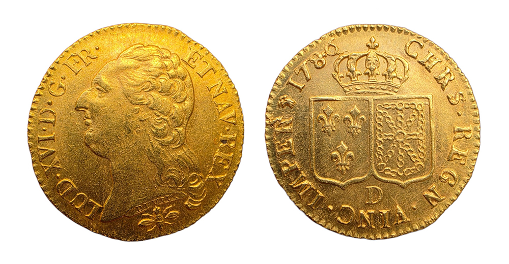 Louis d'or de Louis XVI frappé à Lyon en 1786 avec portrait royal et armes de France et de Navarre.