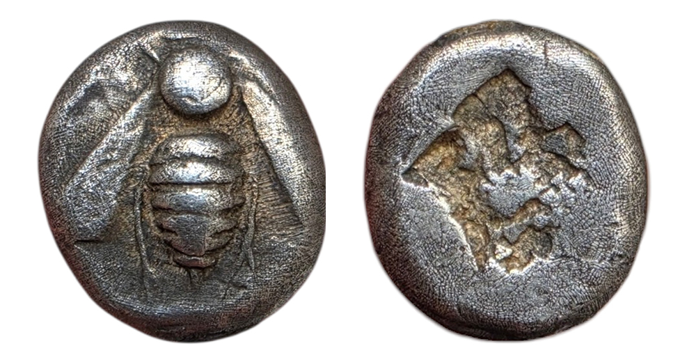 Drachme d’Éphèse en Ionie frappée en argent vers 550-500 avant J.-C., ornée d’une abeille emblématique.
