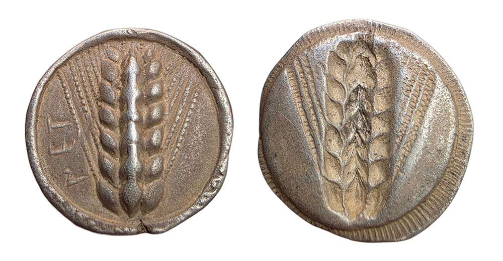 Nomos de Métaponte en argent avec épi d'orge à l'avers et épi d'orge en creux au revers.
