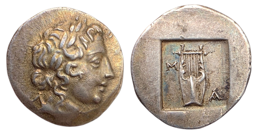 Hémidrachme lycienne en argent de Masikytes avec tête d'Apollon et lyre dans un carré incus.