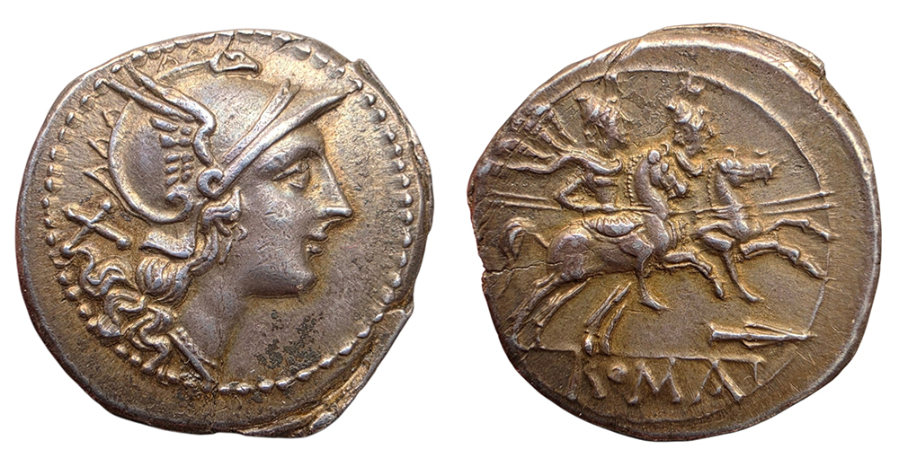 Denier anonyme de la République romaine représentant la déesse Rome et les Dioscures galopant.