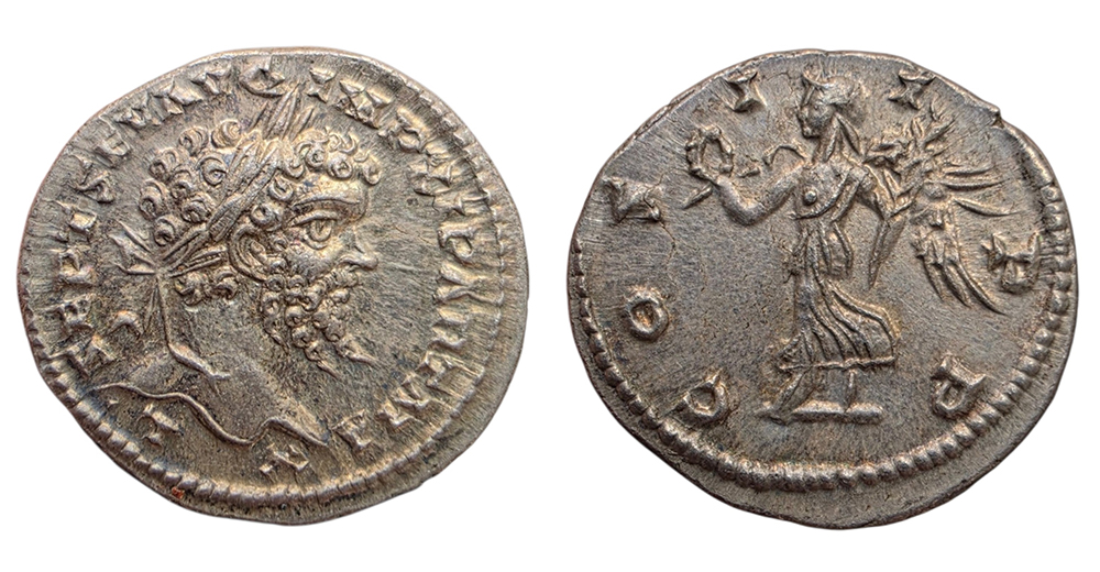 Denier en argent de Septime Sévère frappé à Laodicée ad Mare vers 198-202, représentant la Victoire tenant une couronne.