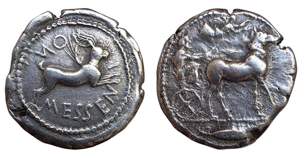 Tétradrachme de Messine en Sicile frappé en argent vers 460-456 avant J.-C., avec quadrige et lièvre bondissant.