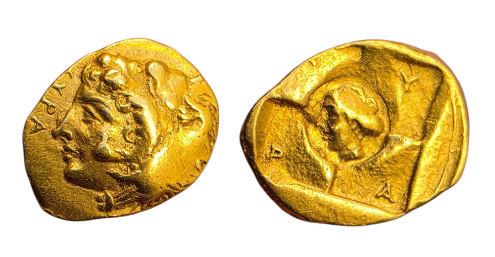 Monnaie grecque antique de Syracuse en Sicile, 20 Litra en or frappée vers 405-400 avant J.-C., avec Héraclès et Aréthuse.