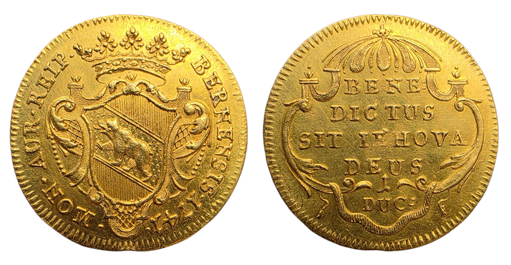 Ducat de Berne frappé en or en 1741, avec les armoiries du canton de Berne et une inscription dans un cartouche.