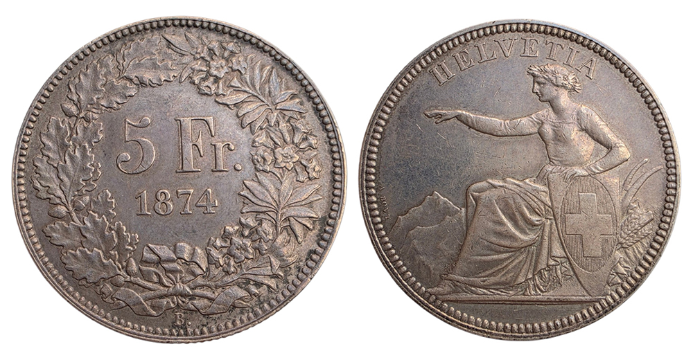 Pièce suisse de 5 francs de la Confédération datée de 1874, frappée en argent avec Helvetia assise.