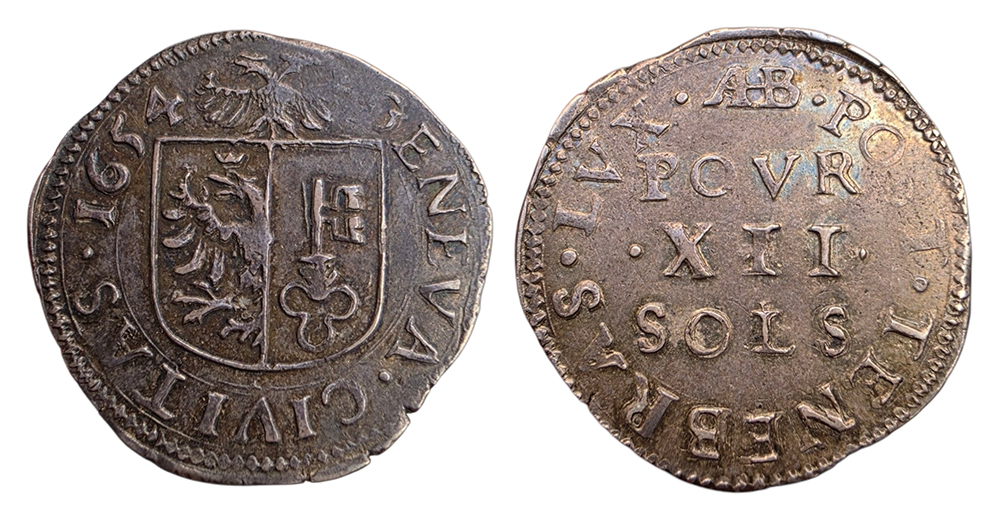 Pièce de 12 sols de Genève frappée en argent en 1654, avec les armoiries de la République de Genève.