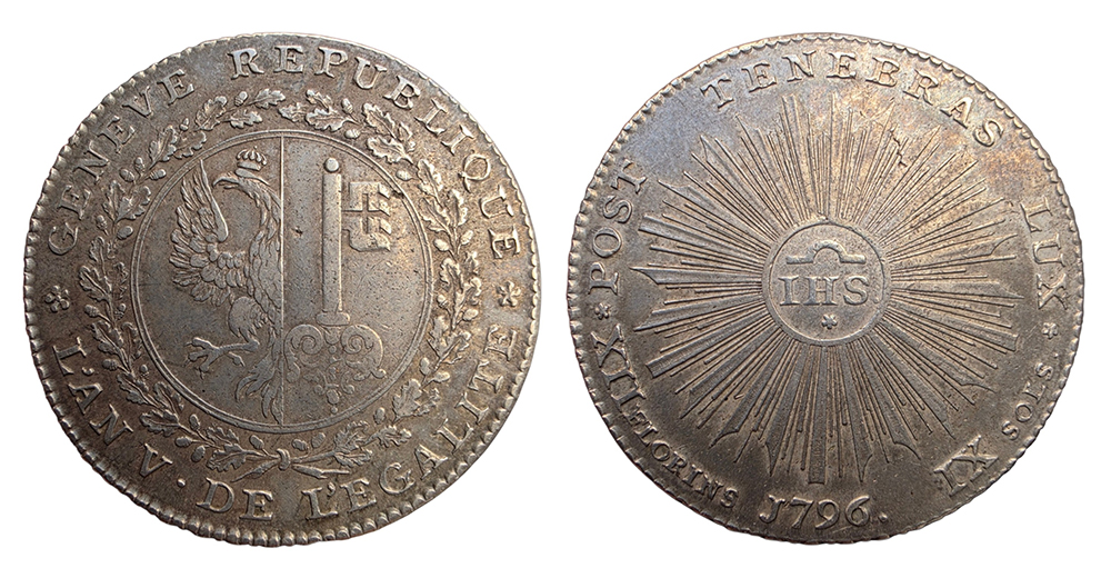 Taler de Genève frappé en argent en 1796, avec les armoiries de la République de Genève et un soleil rayonnant.