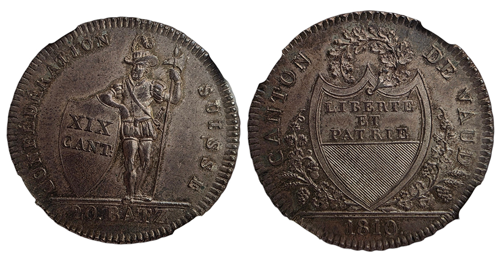 Monnaie suisse de 5 francs du canton de Vaud datée de 1874, frappée en argent et certifiée NGC MS63.