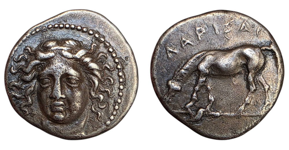 Drachme de Larissa en Thessalie frappée en argent vers 430-400 avant J.-C., représentant la nymphe Larissa et un cheval.