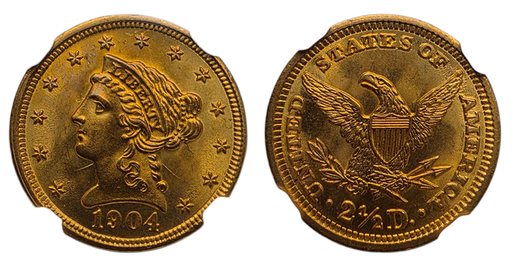 Pièce d'or américaine de 2,5 dollars frappée en 1904, certifiée NGC MS66, avec tête de la Liberté et aigle héraldique.