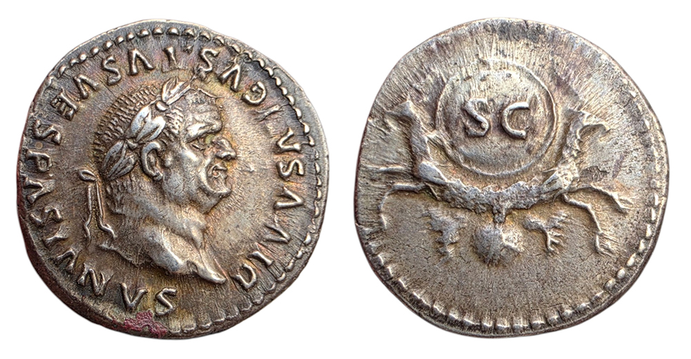 Denier de Vespasien frappé en argent sous Titus vers 80-81 après J.-C., avec portrait impérial et capricornes au revers.