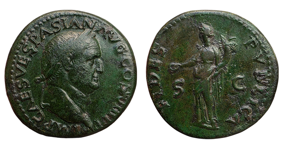 Dupondius de Vespasien frappé en bronze à Lyon vers 77-78 après J.-C., avec portrait impérial et représentation de Fides.